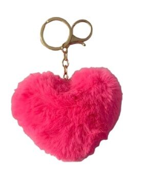 New Pink Fluffy Faux Fur Heart Keychain
